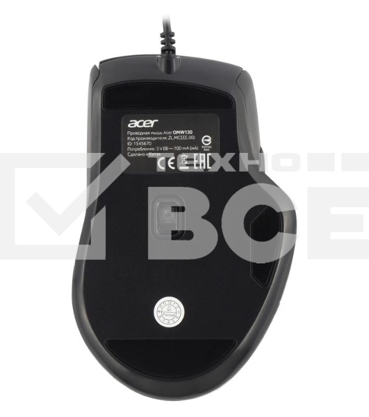 Мышь проводная Acer OMW130 черный, 3600 dpi, USB, кнопки - 6