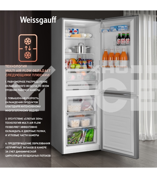 Холодильник Weissgauff WRK 185 Total NoFrost Inverter нержавеющая сталь двухкамерный 205/86л морозилка снизу