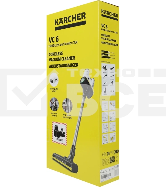 Пылесос вертикальный/ручной Karcher VC 6 Cordless ourFamily Car черный/белый, питание от аккумулятора, 250 Вт, уборка сухая, пылесборник 0.8 л, работа от АКБ max 50 мин