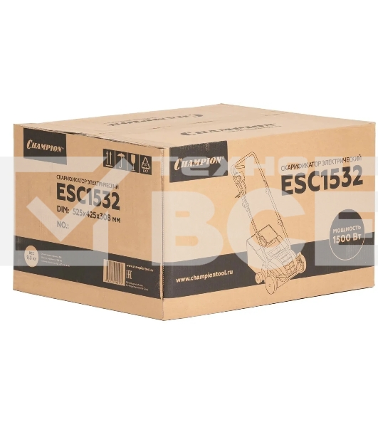 Скарификатор электрический Champion ESC1532 Мощность двигателя 1500 Вт, Напряжение сети 230,50 В, Гц, Вес c травосборником 9,3 кг, Ширина обработки 320 мм, Высота аэрации -4/0/+4/+12 мм, Высота скарификации -12/-8/-4/+4 мм, Тип/объем травосборника ткань/35 л, Регулировка высоты кошения/количество положений 4, Уровень мощности звука 96 дБ, Уровень звукового давления скарификатор/аэра 80/81 дБ, Уровень вибрации на рукоятке 3,245/3,335 (K=1,5 м/с) м/с2.