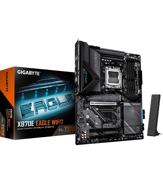 Материнская плата Gigabyte X870E EAGLE WIFI7, AM5, AMD X870E, 4xDDR5, 4xSATA, 4xM.2, 1xPCIe 5.0 x16, 1xPCIe 4.0 x16, 1xPCIe 3.0 x16, 1xHDMI, 1x5Gb LAN, Wi-Fi 7, Bluetooth 5.4, 2xUSB-C 40Gbps (USB4), 2xUSB-A 10Gbps, 4xUSB-A 5Gbps, 2xUSB-A 2.0, 3x3.5 мм + S/PDIF оптический, 7.1, чёрный, ATX