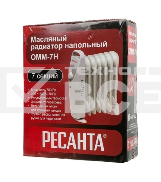 Масляный обогреватель Ресанта ОММ-7Н (7 секций) белый, 700 Вт, 10 м2, термостат 67/3/1