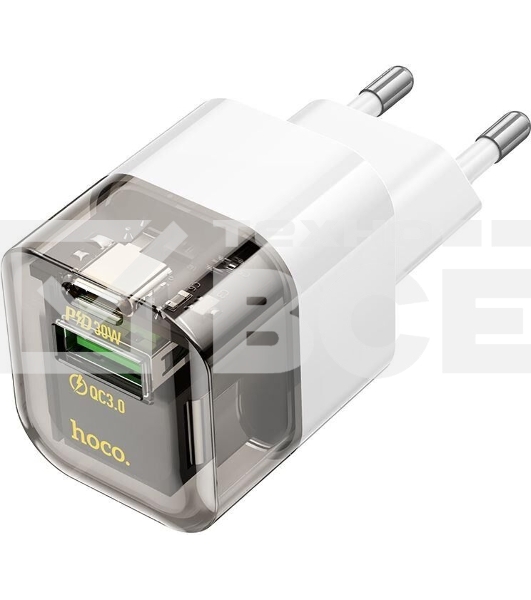 Сетевое зарядное устройство HOCO C131A Platinum 1USB+1Type-C 3.0A QC3.0 PD 30W Transparent черный