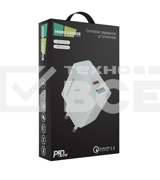 Сетевое зарядное устройство MORE CHOICE NC61 СЗУ 1USB+1USB-C 3.0A PD 20W+QC3.0 быстрая зарядка белый