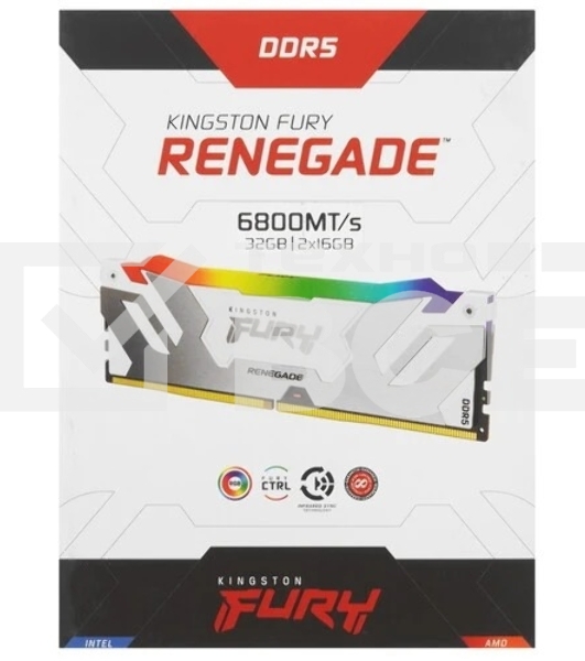 Оперативная память Kingston Fury Renegade, DDR5, 32GB (2x16GB), 6800MHz, CL36, с радиатором, RGB, белый