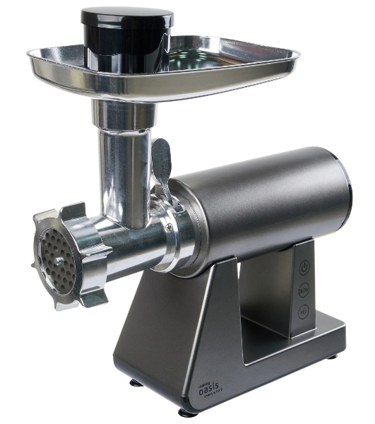 Мясорубка электрическая OASIS MG-DM1 серый, 2500 Вт, 1.5 кг/мин, реверс, защита от перегрузки, металлический лоток, насадки - 8