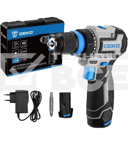 Дрель-шуруповерт Deko Loner 12V Pro 085-1122, Аккумуляторная, 12В, 2АКБ, Кейс