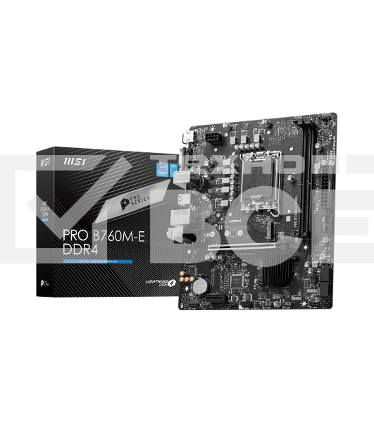 Материнская плата MSI PRO B760M-E DDR4, LGA 1700, Intel B760, 2xDDR4, 4xSATA, 1xM.2, 1xPCIe 4.0 x16, 1xPCIe 4.0 x1, 1xHDMI, 1xVGA, 1x1Gb LAN, 2xUSB-A 3.2 Gen 1, 4xUSB-A 2.0, 3x3.5 мм, 7.1, mATX