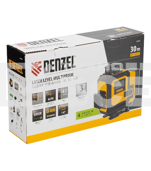 Лазерный уровень мультипризменный Denzel DLV 360-4T, 30 м, зеленый луч, Li-Ion 2,4 Aч, штатив