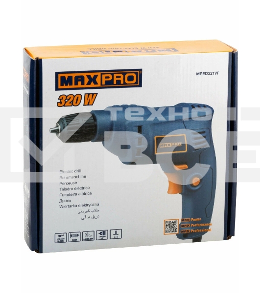 Дрель электрическая MAX-PRO  320 Вт, 0-4200об/мин, быстрозажимной патрон 0,6-6,5мм, 1 кг, резиновые вставки, кор.