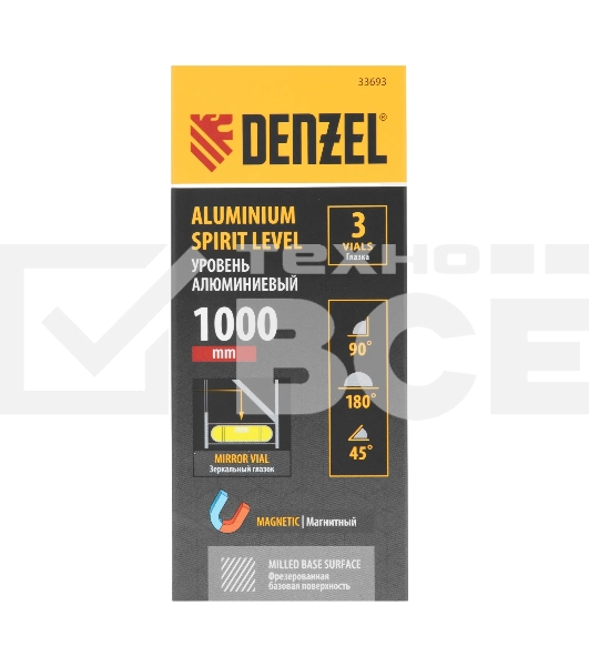 Уровень алюминиевый Denzel, магнит., фрезерованный, 3 глазка (1 зеркал.), 0,5 мм/м, 1000 мм