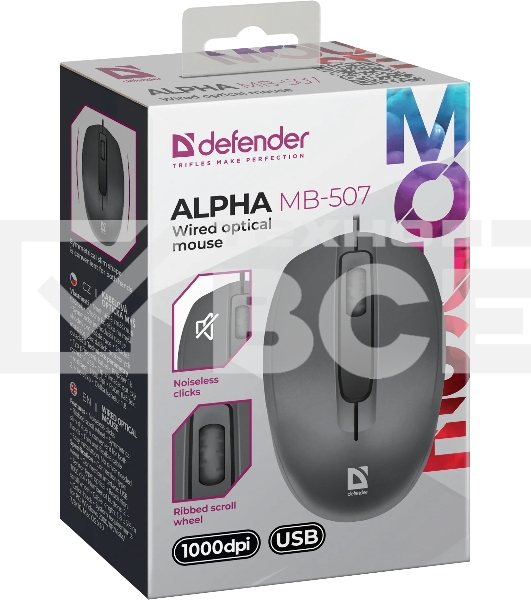 Мышь проводная Defender Alpha MB-507 черный, 1000 dpi, USB, кнопки - 3