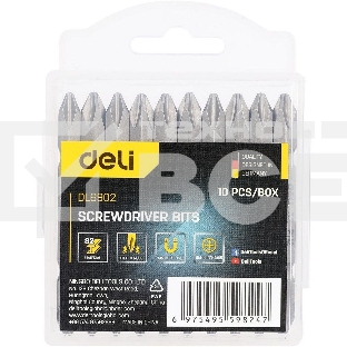 Набор двухсторонних бит 10 шт Deli DL6902 PH2x65мм, сталь S2 с твердостью 58-60HRC, пласт.кейс