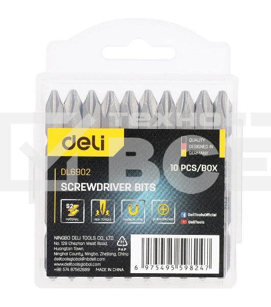 Набор двухсторонних бит 10 шт Deli DL6902 PH2x65мм, сталь S2 с твердостью 58-60HRC, пласт.кейс