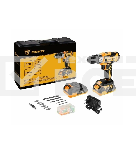 Дрель-шуруповерт Deko DKCD20V, 20 В, 3 Ач, 42 Нм, щеточный