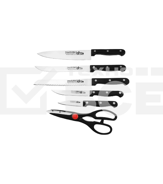 Набор ножей LARA LR05-53 7 предметов: ДЕРЕВЯННАЯ ПОДСТАВКА + 5 ножей + ножницы, нержавеющая сталь 2CR13