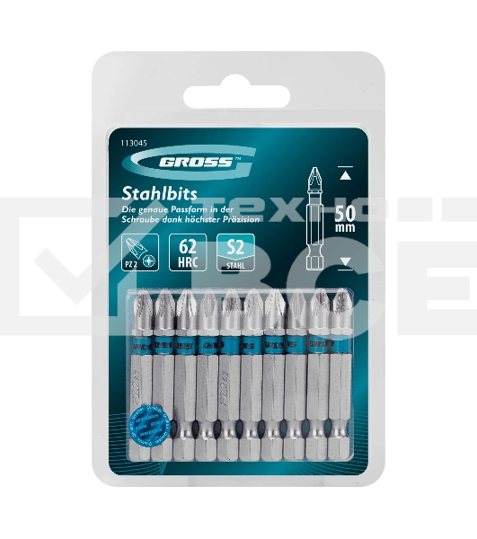 Бита Gross PZ2х50мм, сталь S2, шестигр., 10 шт.