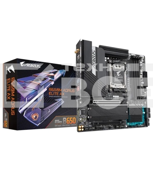 Материнская плата Gigabyte B650M AORUS ELITE AX, AM5, AMD B650, 4xDDR5, 4xSATA, 2xM.2, 1xPCI-E 5.0 x4, 1xPCI-E 4.0 x16, 1xHDMI, 1xDP, 1x 2.5Gb LAN, 4xUSB-A 2.0, 5xUSB-A 3.2 Gen 1, 2xUSB-A 3.2 Gen 2, 1xUSB-C 3.2 Gen 2, 2x3.5 мм, 7.1, Micro-ATX