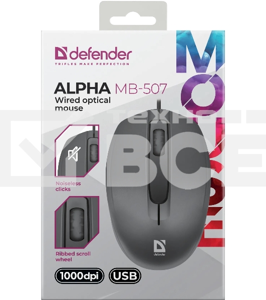 Мышь проводная Defender Alpha MB-507 черный, 1000 dpi, USB, кнопки - 3
