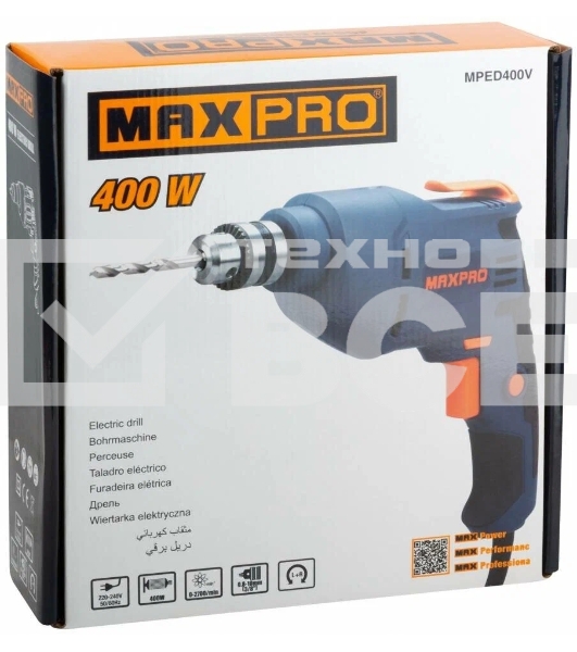 Дрель электрическая MAX-PRO MPED400V 400 Вт, 0-2700об/мин, ключевой патрон 0,8-10мм, 1,2 кг, резиновые вставки, кор.