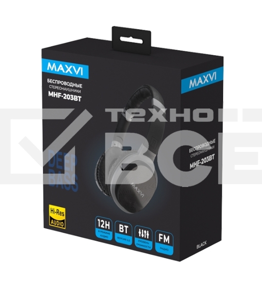 Беспроводные полноразмерные наушники Maxvi MHF-203BT черные, Bluetooth 5.3\FM\MP3\300 мАч\микрофон