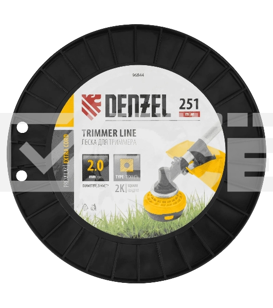 Леска для триммера Denzel двухкомпонентная, квадрат, 2,0 мм х 251 м, на DIN катушке EXTRA CORD