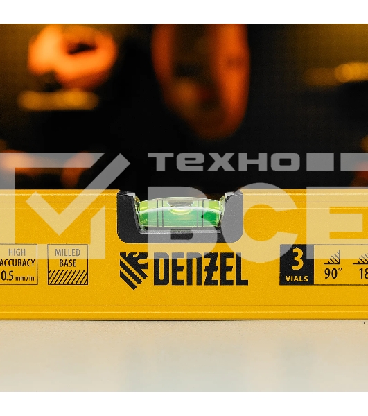 Уровень алюминиевый Denzel, магнит., фрезерованный, 3 глазка (1 зеркал.), 0,5 мм/м, 1000 мм