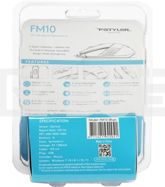 Мышь проводная A4Tech Fstyler FM10 черный/синий, 1600 dpi, USB, кнопки - 4