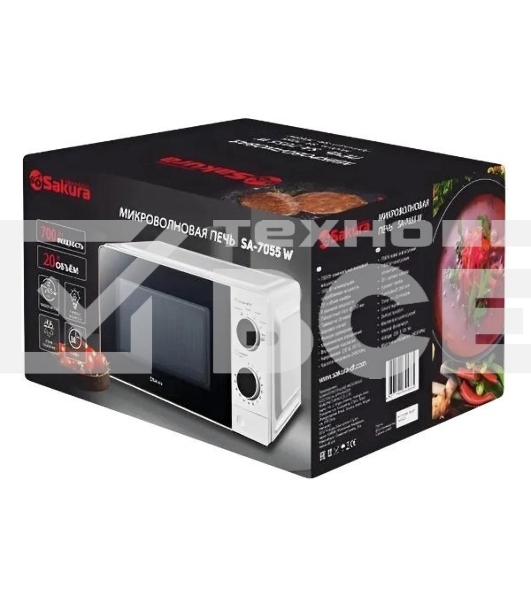 Микроволновая печь Sakura SA-7055W белый, 20 л, 700 Вт, переключатели - поворотный механизм