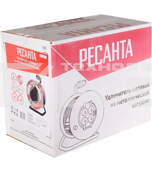 Удлинитель силовой Ресанта СУ-3х1,5-50/3 (61/118/8) 2x1.0кв.мм 4розет. 40м ПВС катушка серый