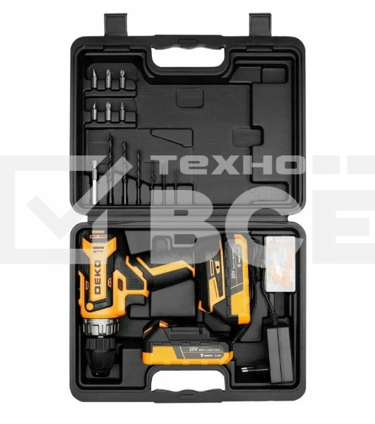 Дрель-шуруповерт Deko DKCD20V, 20 В, 3 Ач, 42 Нм, щеточный