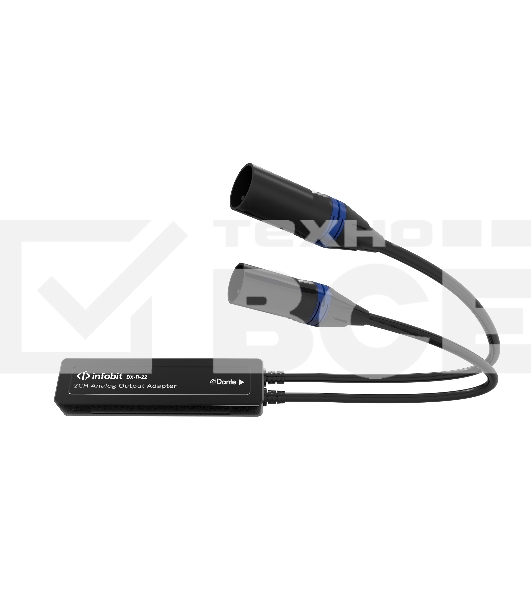 Конвертер Dante Infobit [iTrans DX-R-22] Аналоговый Аудио Декодер (Rx) с PoE: 1xRJ45(Dante); 2хXLR(M) (2 канала OUT). 44.1, 48, 96 kHz (24 bit). ПО Dante Controller. 125мм[Ш] x 33мм[Г] x 28мм[В]