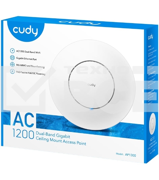 Точка доступа CUDY AC1200 Dual Band Gigabit Ceiling Mount Access Point, MT7621DAN+MT7613B+MT7603E, 867Mbps at 5GHz + 300Mbps at 2.4GHz, 1 x GbE RJ45 Port, Support 12V DC or 802.3af PoE or Passive PoE, Internal Antennas, 48V passive PoE adapter included, C