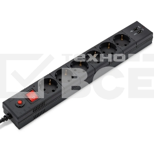 Удлинитель с сетевым фильтром 6х1.8м с заземл. 10А IP20 BU-SP1.8_USB_2A CCA 3х0.75 2USB черный BURO 992310