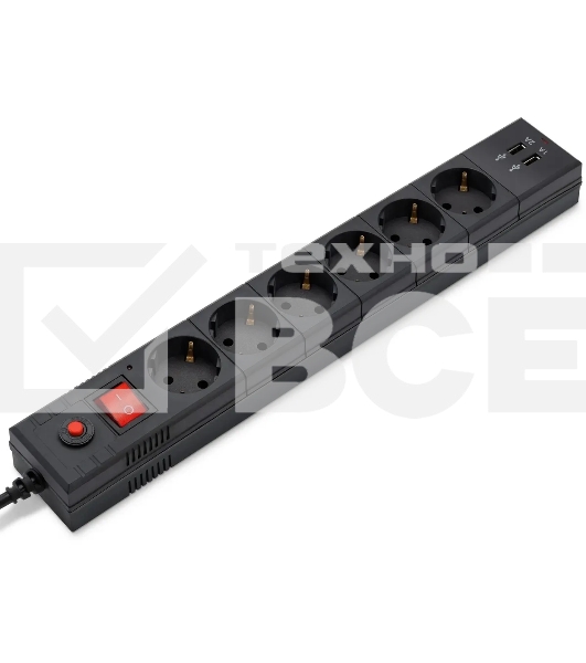 Удлинитель с сетевым фильтром 6х1.8м с заземл. 10А IP20 BU-SP1.8_USB_2A CCA 3х0.75 2USB черный BURO 992310