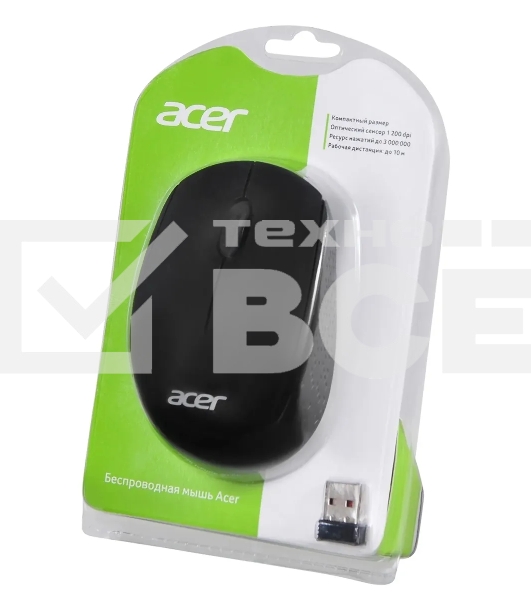 Мышь беспроводная Acer OMR020 черный, 1200 dpi, радиоканал, USB, кнопки - 3