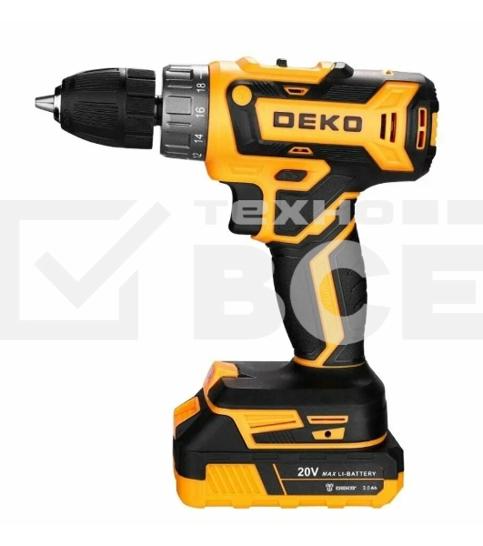 Дрель-шуруповерт Deko DKCD20V, 20 В, 3 Ач, 42 Нм, щеточный