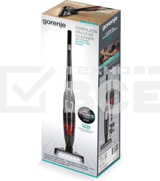 Пылесос вертикальный Gorenje SVC216GFBK черный, питание от аккумулятора, 20 Вт, уборка сухая, пылесборник 0.5 л, работа от АКБ max - 60 мин