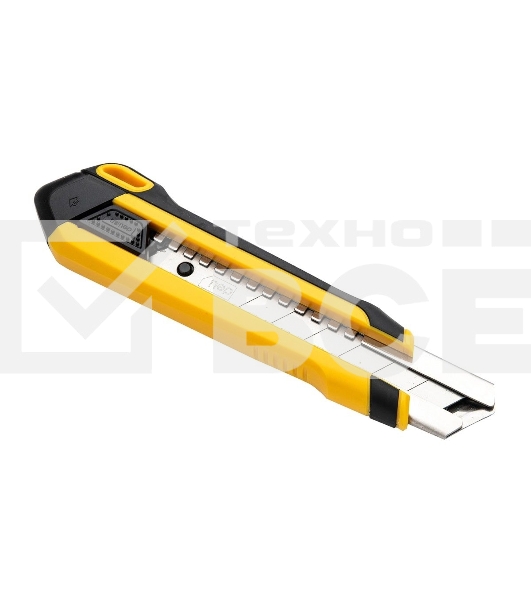 Технический нож Deli DL025 25мм SK4. 2-ступенчатое лезвие. Ударопрочный и обрезиненный корпус. Кнопка автоматической блокировки.