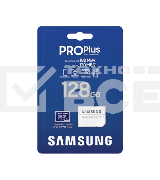 Флеш карта microSDXC 128GB Samsung PRO Plus Class 10, A2, V30, UHS-I (U3), W 130 МБ/с, R 180 МБ/с, <MB-MD128SA/KR> адаптер на SD