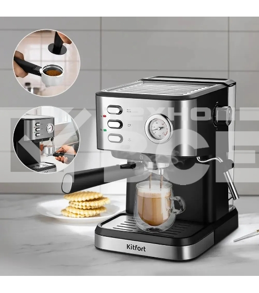 Кофеварка рожковая Kitfort КТ-7293 черный/серебристый, исп. кофе - молотый, 1.5 л, 1050 Вт, 15 Бар.
