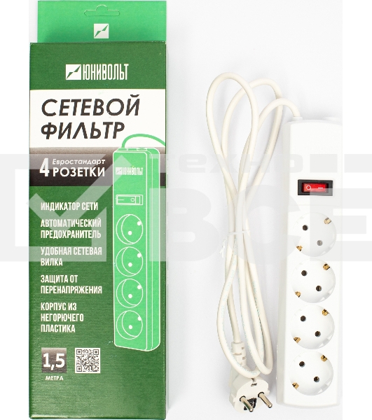 Сетевой фильтр Юнивольт 00-00000386 1.5м (4 розетки) белый (коробка)