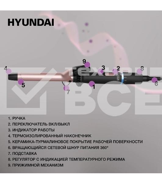 Щипцы для завивки волос Hyundai H-HS1422 черный, 25 мм, 200 °C, 6 режимов