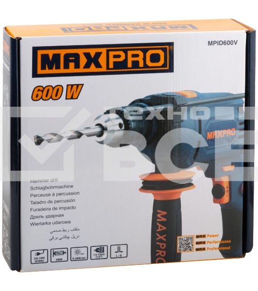 Дрель ударная MAX-PRO 600 Вт, 0-2800 об/мин, ключевой патрон 1,5-13 мм, 1,6 кг, антивибрационная ручка, резиновые вставки, кор.