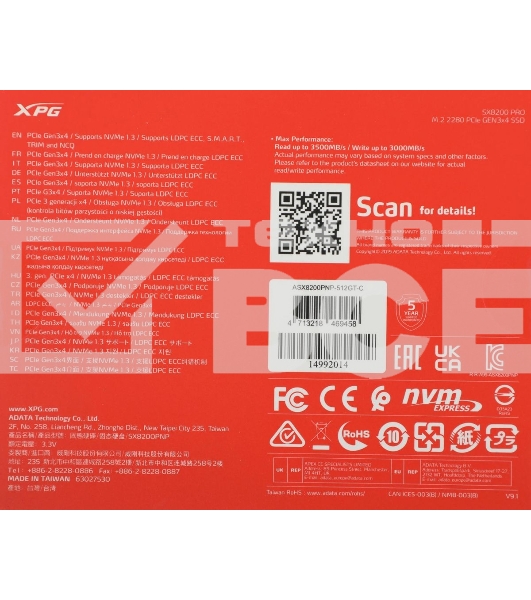 Накопитель SSD XPG SX8200 Pro, 512 Gb, PCIe 3.0 x4, M.2 2280, NVMe, R/W 3350/2350, с радиатором