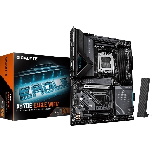 Материнская плата Gigabyte X870E EAGLE X3D WIFI7, AM5, AMD X870E, 4xDDR5, 4xSATA, 4xM.2, 1xPCIe 5.0 x16, 1xPCIe 4.0 x16, 1xPCIe 3.0 x16, 1xHDMI, 1x5Gb LAN, Wi-Fi 7, Bluetooth 5.4, 2xUSB-C 40Gbps (USB4), 1xUSB-C 10Gbps, 4xUSB-A 10Gbps, 4xUSB-A 5Gbps, 3x3.5 мм + S/PDIF оптический, 7.1, чёрный, с подсветкой, ATX