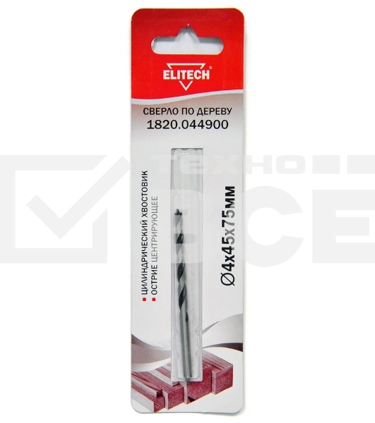 Сверло Elitech 1820.044900 по дереву Д=4 мм Дл=75 мм (1 пред.) для дрелей