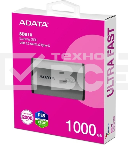 Внешний SSD ADATA SD810, 1TB, USB 3.2 Gen 2x2 Type-C, R/W 2000/2000, серебристый