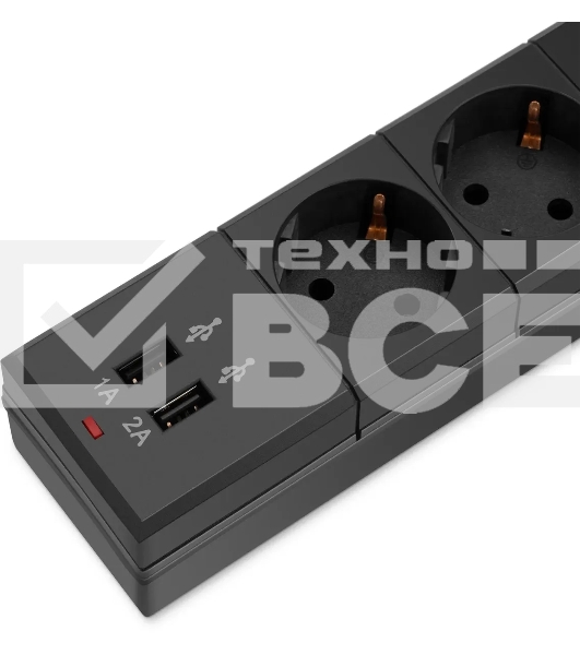 Удлинитель с сетевым фильтром 6х1.8м с заземл. 10А IP20 BU-SP1.8_USB_2A CCA 3х0.75 2USB черный BURO 992310