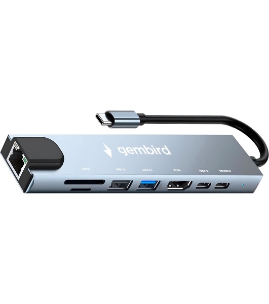 Док-станция Gembird UHB-D3, USB Type-C, USB 2.0, USB 3.1, USB Type-C PD87W, USB Type-C, HDMI, SD/TF, RJ45, USB Type-C
